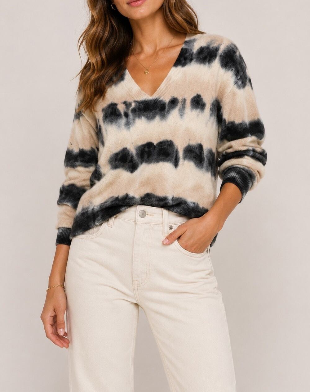 CRUSH Tie Dye Cashmere V-Neck Sweater Striped Pullover Soft Knit Size 1